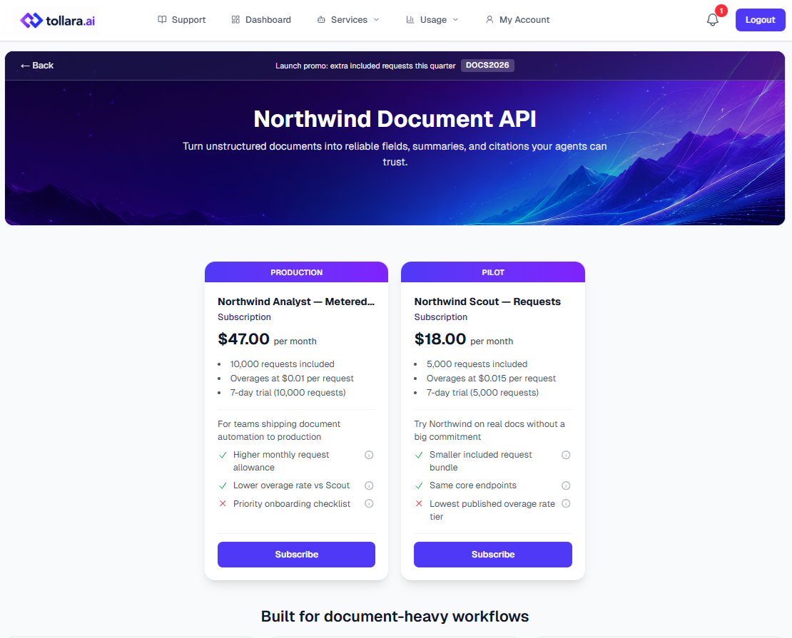 Service profile: hero, narrative, plan tiles, trials and coupon-driven checkout